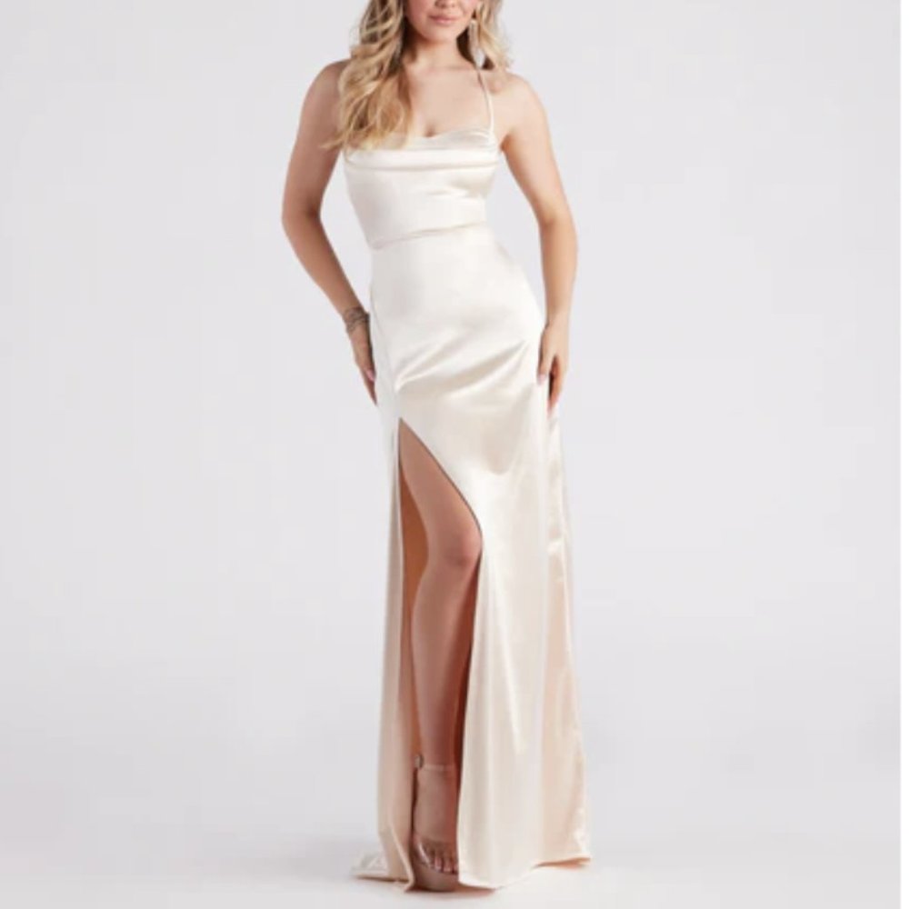 Sutton High Slit Satin Formal Dress